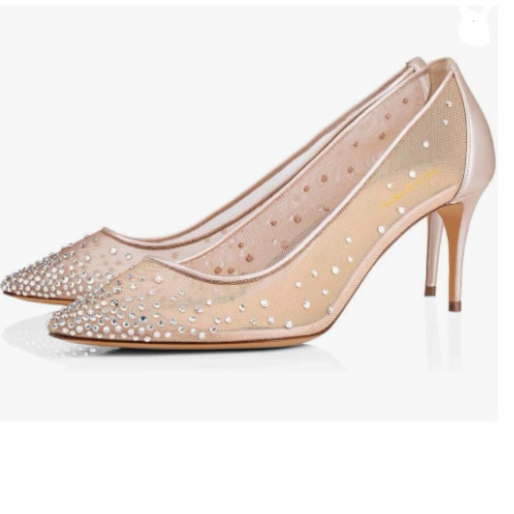 XYD Light Pink Low Heels Pumps Sheer Mesh Crystal Studs Pointed Toe Sexy Shoes